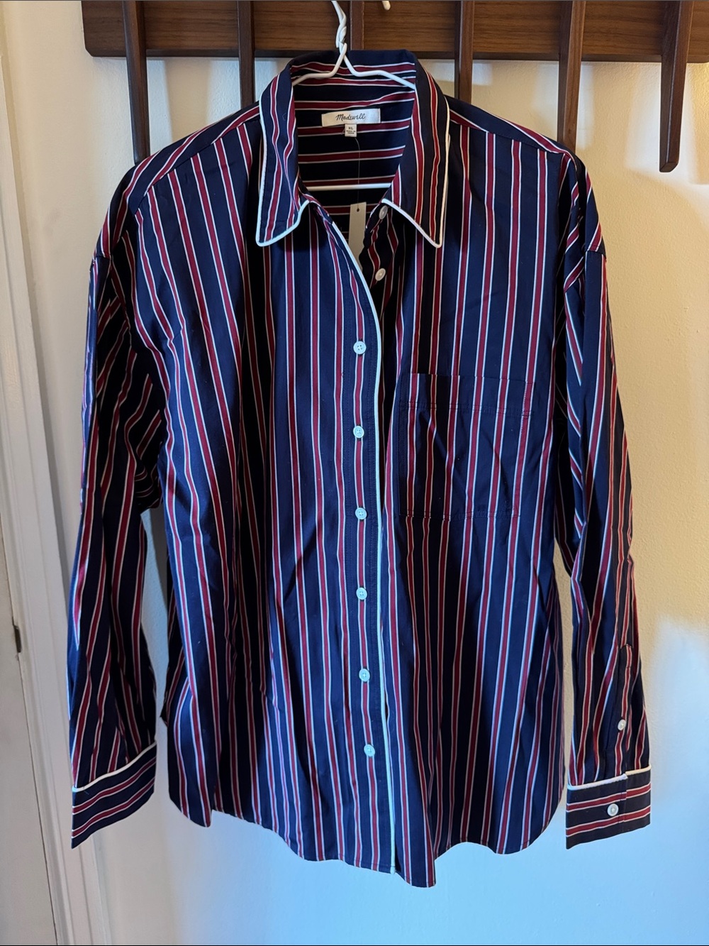 Madewell Navy Pajama Style Shirt with Red and White Vertical Stripes NWT
